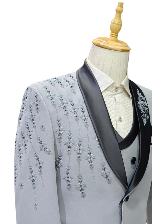 Light Grey 5- piece tuxedo with curtdana embroidery