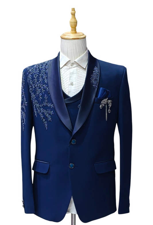Royal blue 5- piece tuxedo with curtdana embroidery