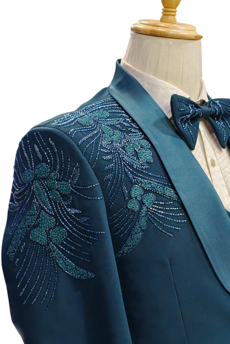 Teal blue 5- piece tuxedo with curtdana embroidery