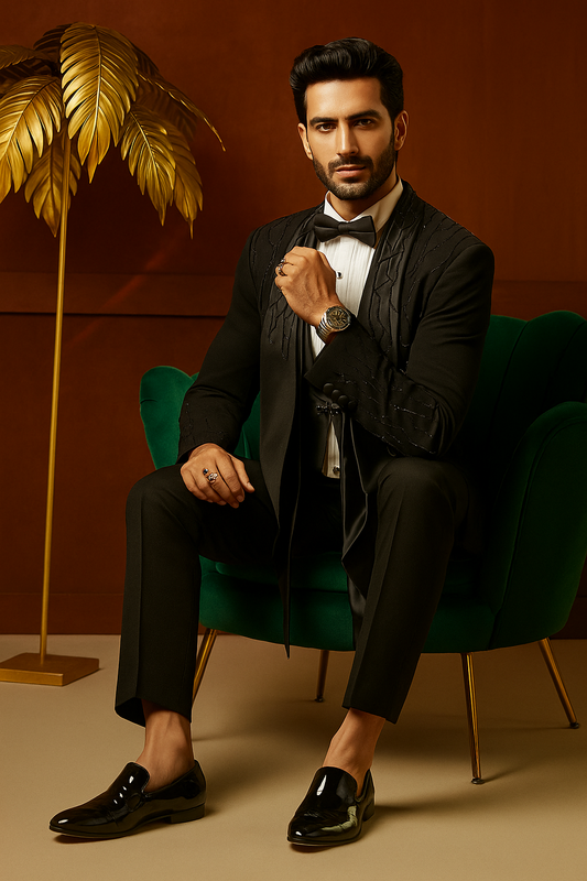 Black 5- piece tuxedo with curtdana embroidery