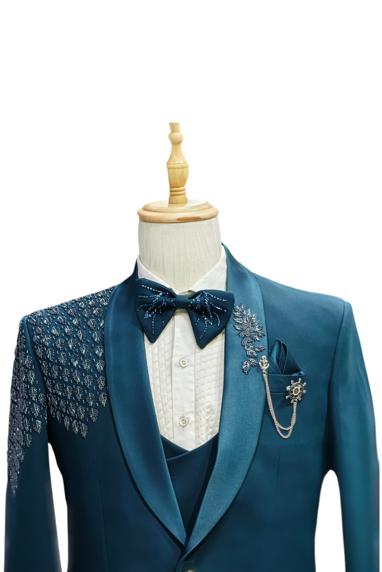 Teal blue 5- piece tuxedo with curtdana embroidery