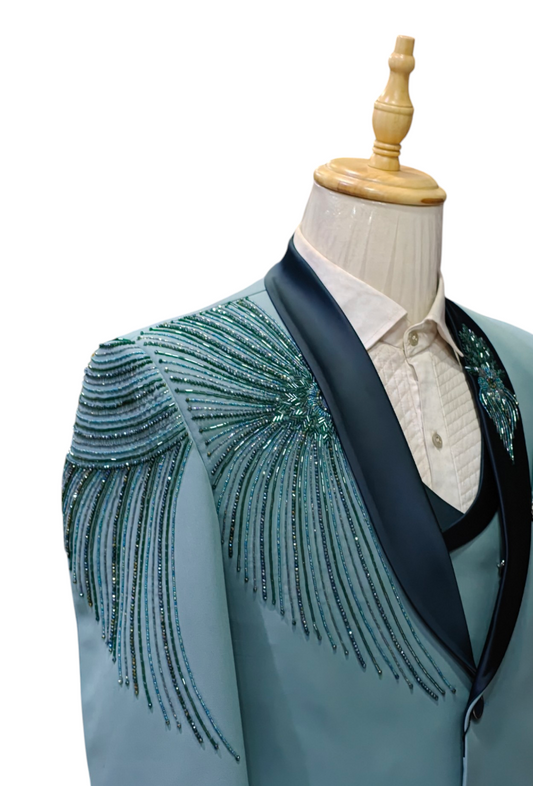 Pista Green 5- piece tuxedo with curtdana embroidery