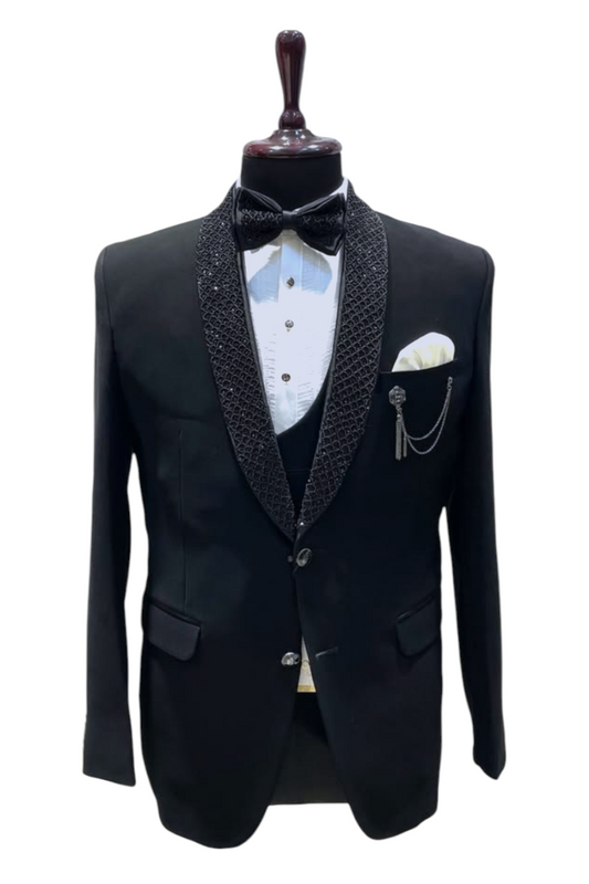 Black 5- piece tuxedo with curtdana embroidery