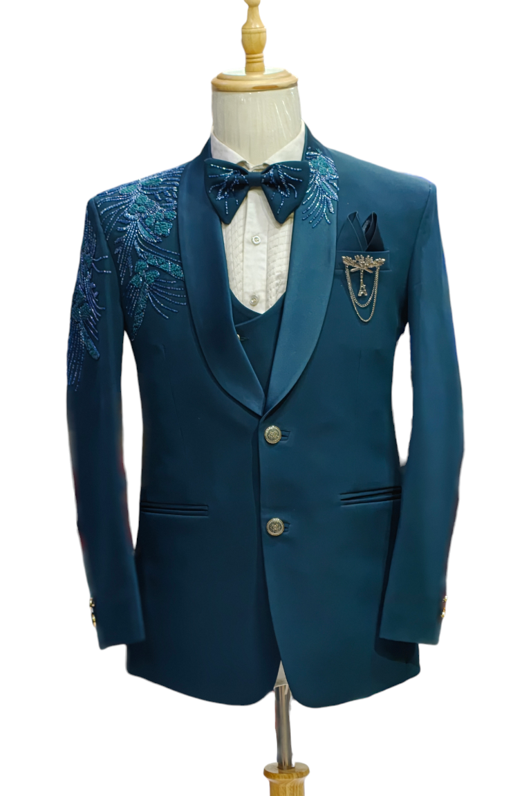 Teal blue 5- piece tuxedo with curtdana embroidery