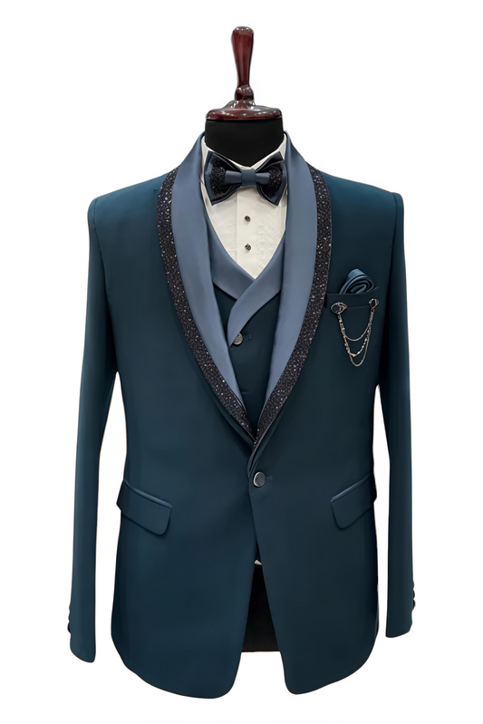 Deep Blue 5- piece tuxedo with curtdana embroidery