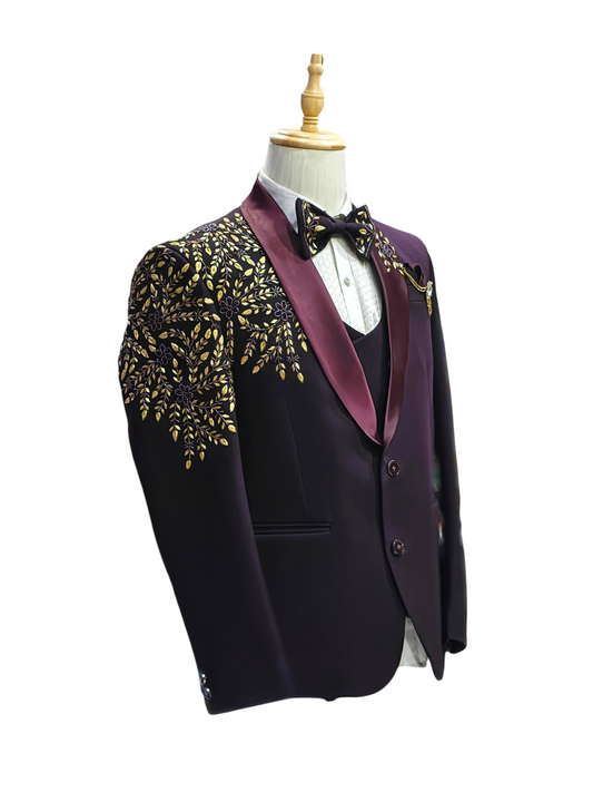 Maroon 5 piece Tuxedo with golden zardosi embroidery
