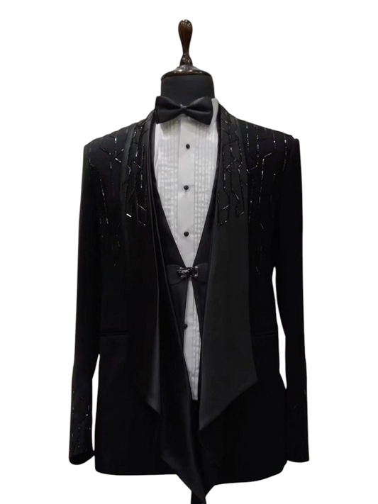 Black 5- piece tuxedo with curtdana embroidery