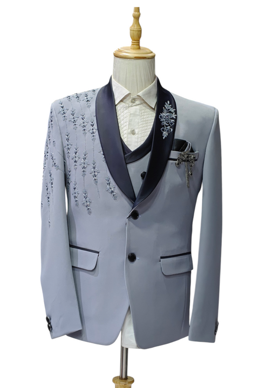Light Grey 5- piece tuxedo with curtdana embroidery