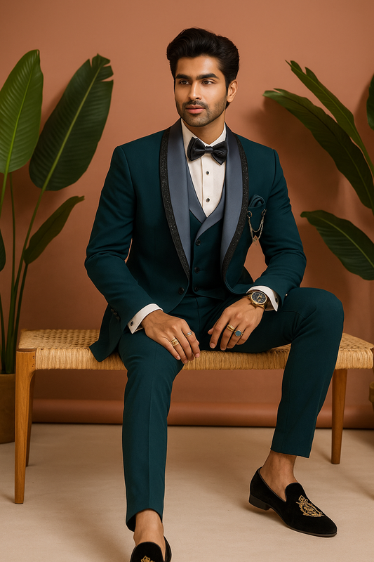 Deep Blue 5- piece tuxedo with curtdana embroidery