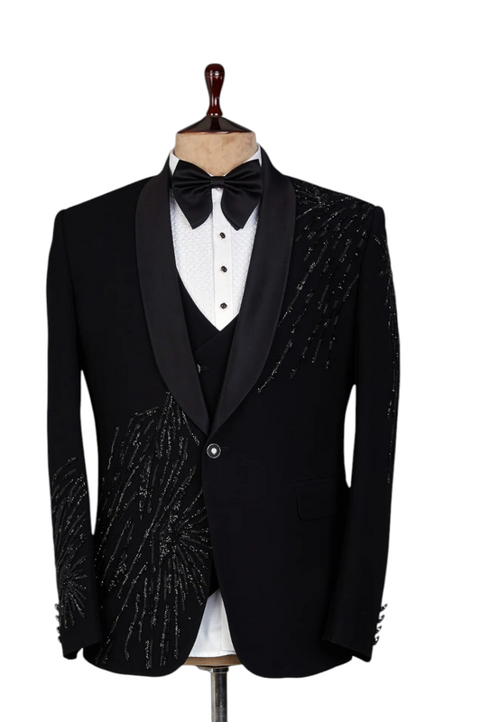 Black 5- piece tuxedo with curtdana embroidery