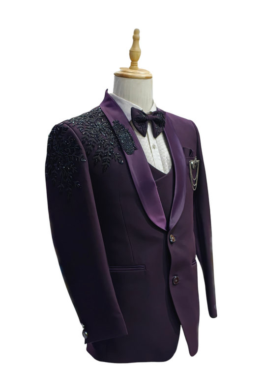 Dark purple 5- piece tuxedo with curtdana embroidery