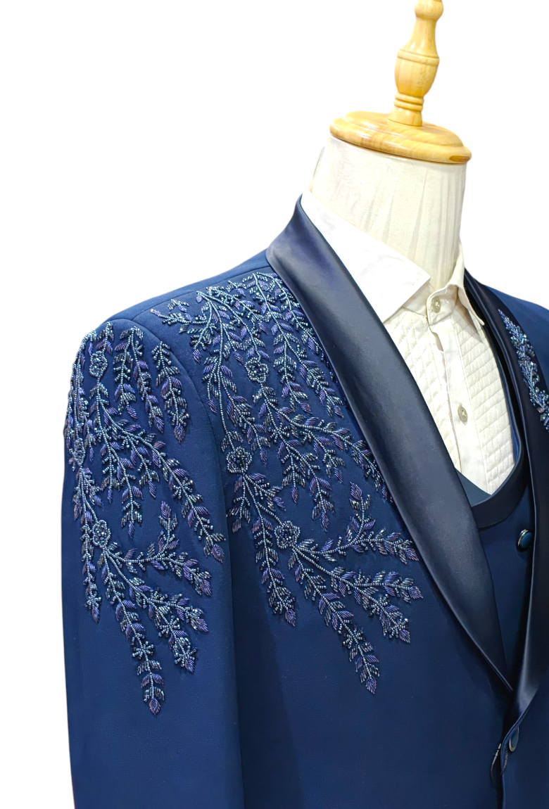Royal blue 5- piece tuxedo with curtdana embroidery