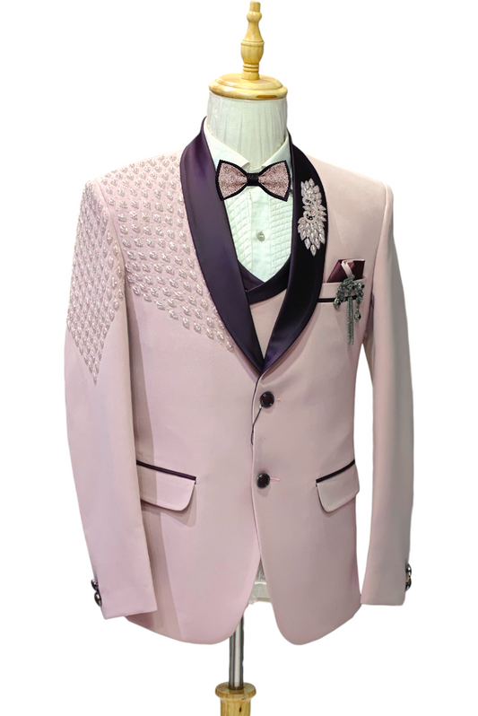 Light Mauve Pink 5-piece tuxedo with colored curtdana embroidery