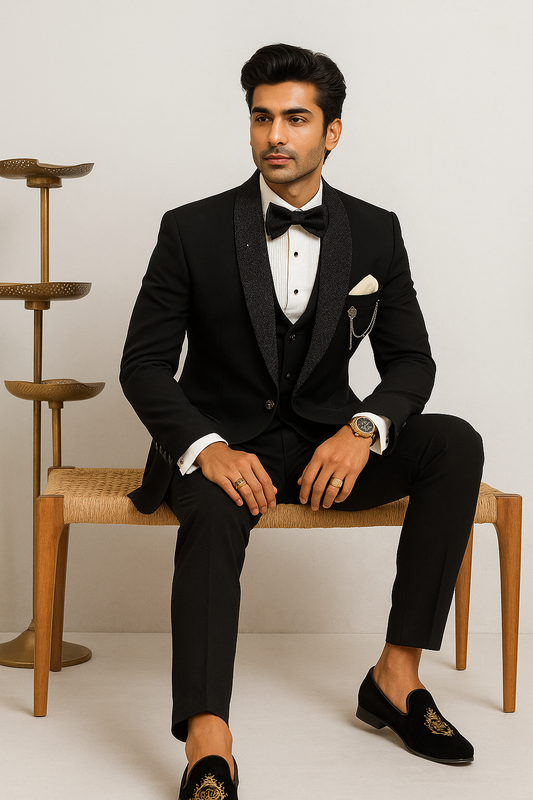Black 5- piece tuxedo with curtdana embroidery