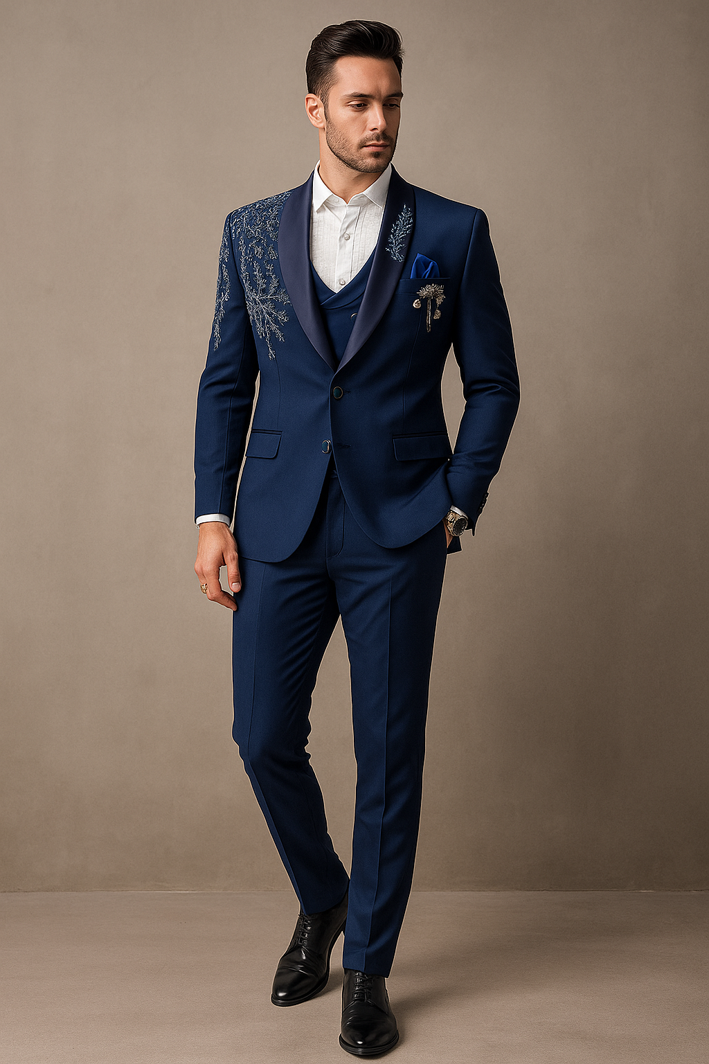 Royal blue 5- piece tuxedo with curtdana embroidery