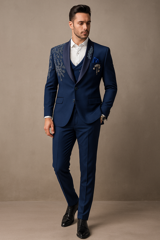 Royal blue 5- piece tuxedo with curtdana embroidery
