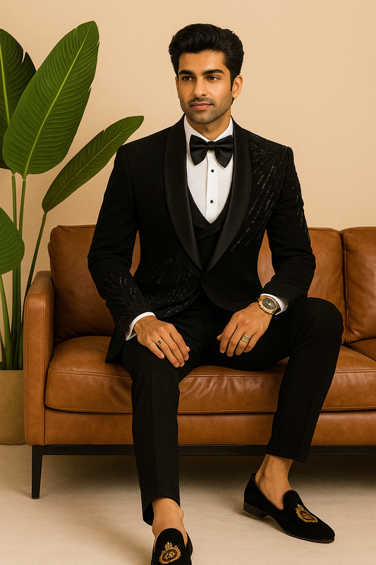 Black 5- piece tuxedo with curtdana embroidery