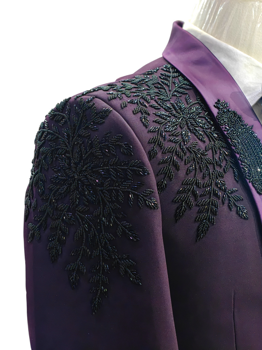 Dark purple 5- piece tuxedo with curtdana embroidery
