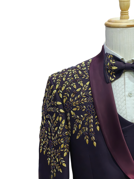 Maroon 5 piece Tuxedo with golden zardosi embroidery