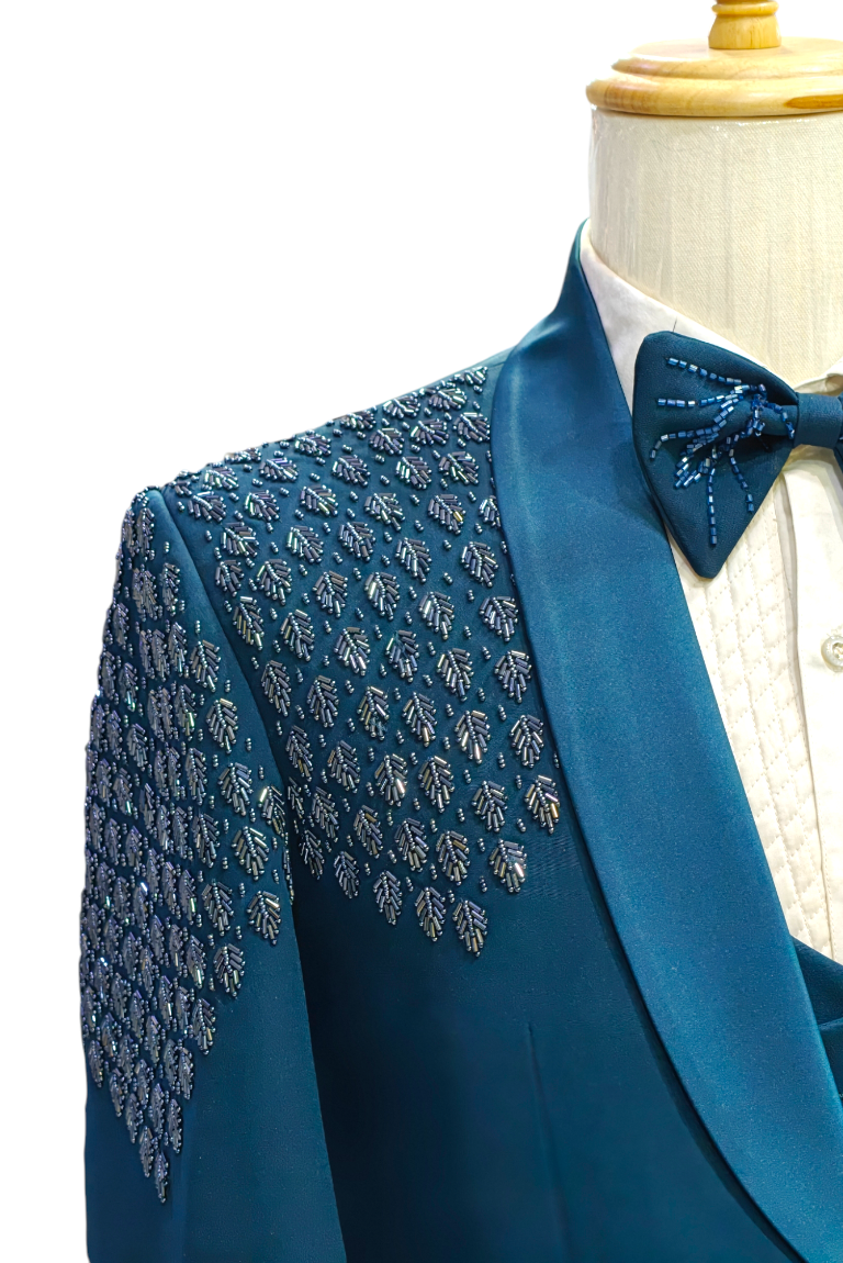 Teal blue 5- piece tuxedo with curtdana embroidery