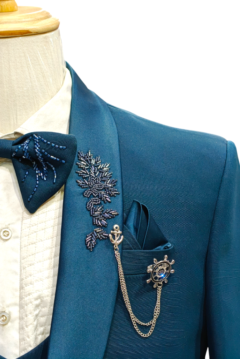 Teal blue 5- piece tuxedo with curtdana embroidery
