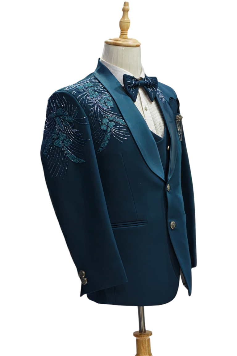 Teal blue 5- piece tuxedo with curtdana embroidery