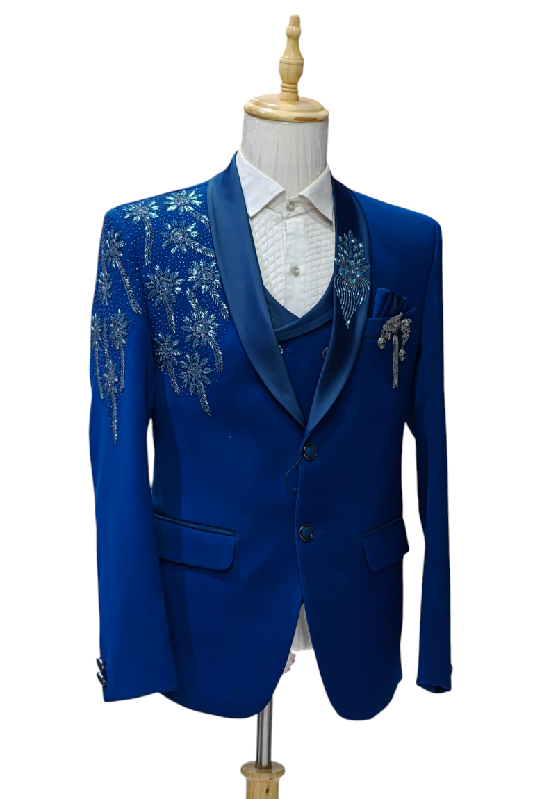 Teal blue 5- piece tuxedo with curtdana embroidery