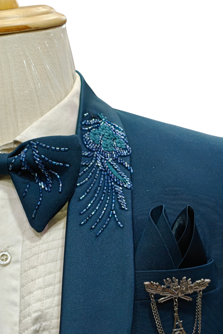 Teal blue 5- piece tuxedo with curtdana embroidery