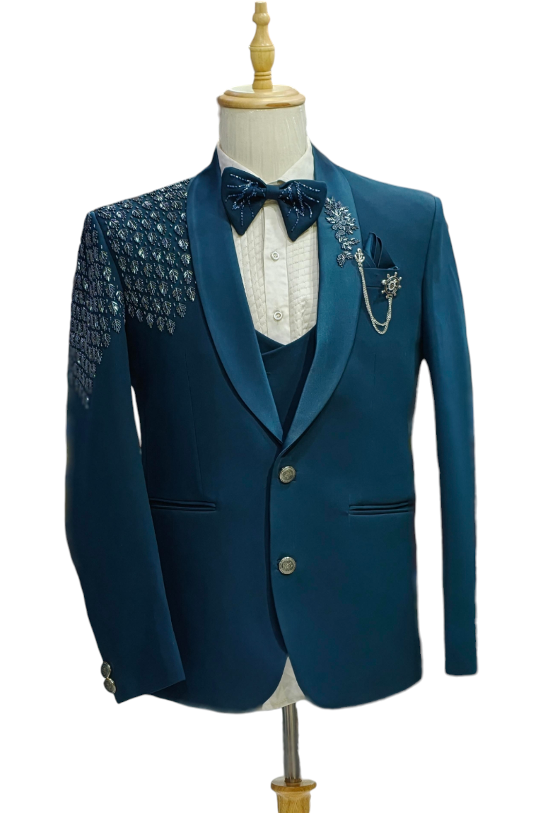 Teal blue 5- piece tuxedo with curtdana embroidery