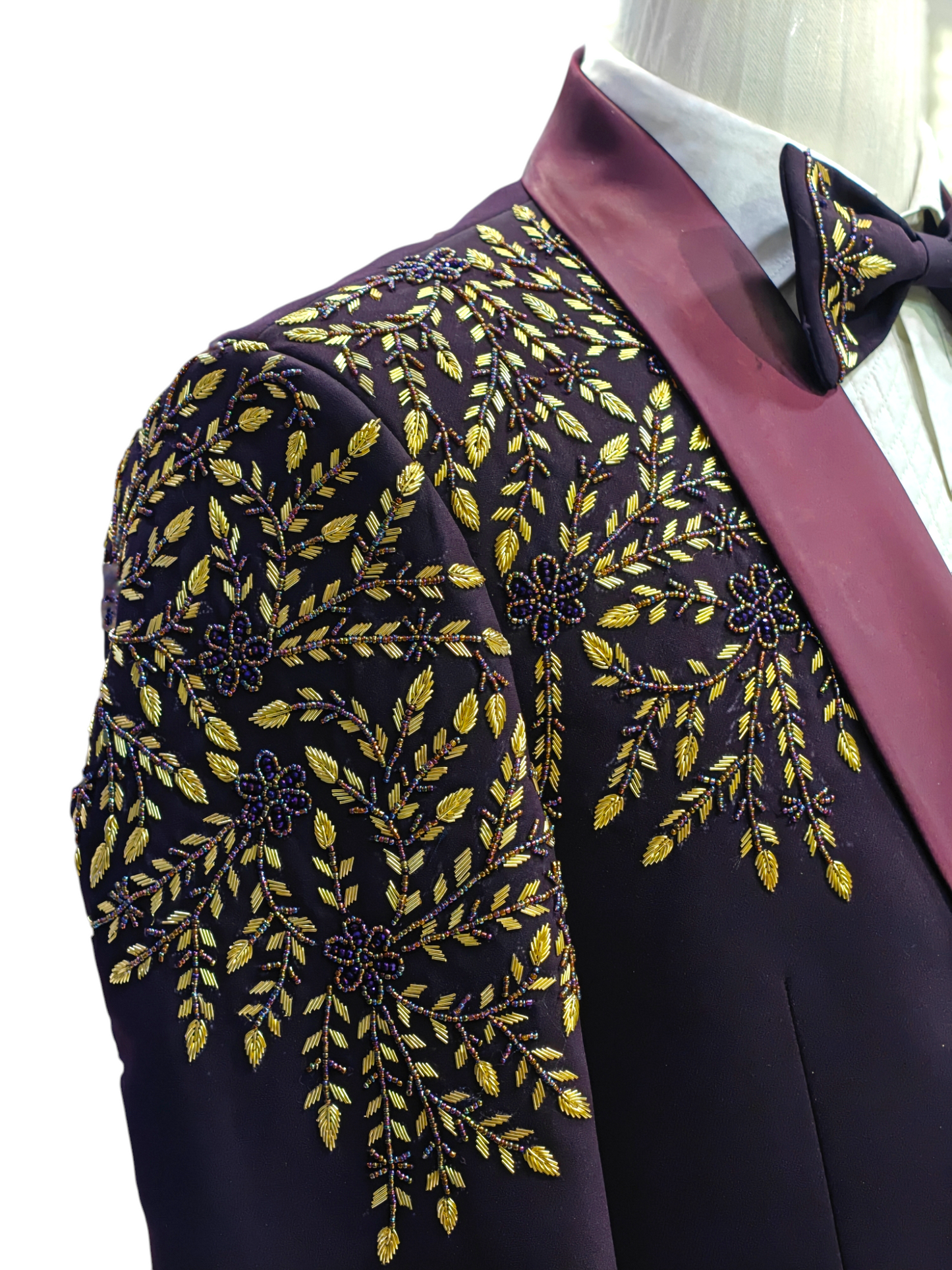 Maroon 5 piece Tuxedo with golden zardosi embroidery
