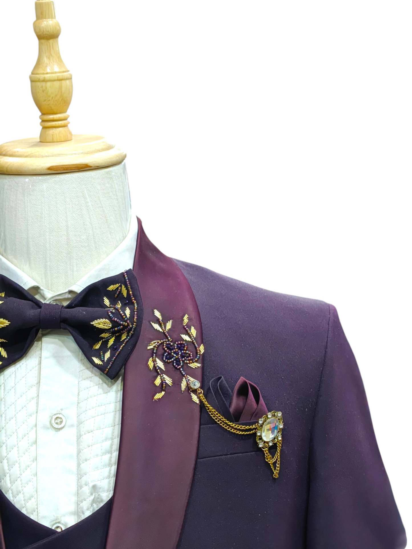 Maroon 5 piece Tuxedo with golden zardosi embroidery