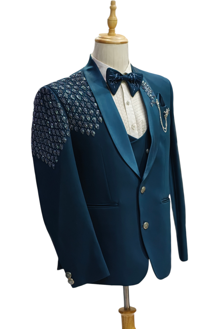 Teal blue 5- piece tuxedo with curtdana embroidery